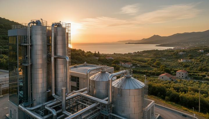 Современная электростанция на биомассе с технологическими силосами на фоне холмистого побережья Хорватии.