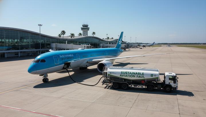 Топливозаправщик с маркировкой SAF заправляет крыло пассажирского самолета на взлетной полосе аэропорта в Бразилии.