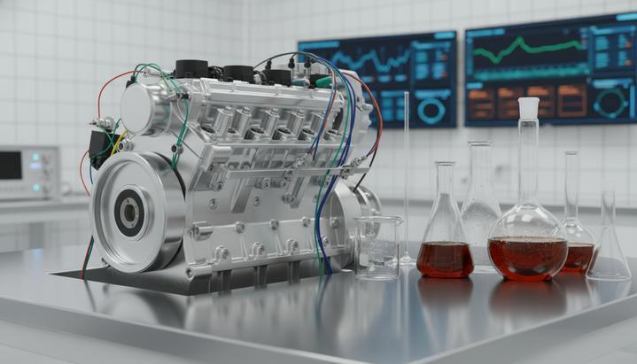 Секция современного судового двигателя в лаборатории. Рядом на столе стоят колбы с темным биотопливом из кешью.