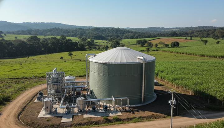 Современная биометановая установка с биореактором и трубопроводами на фоне зеленого аграрного ландшафта Колумбии.