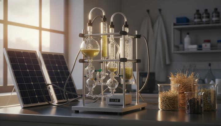 Лабораторный электролизер для производства водорода из биомассы, подключенный к солнечным панелям.