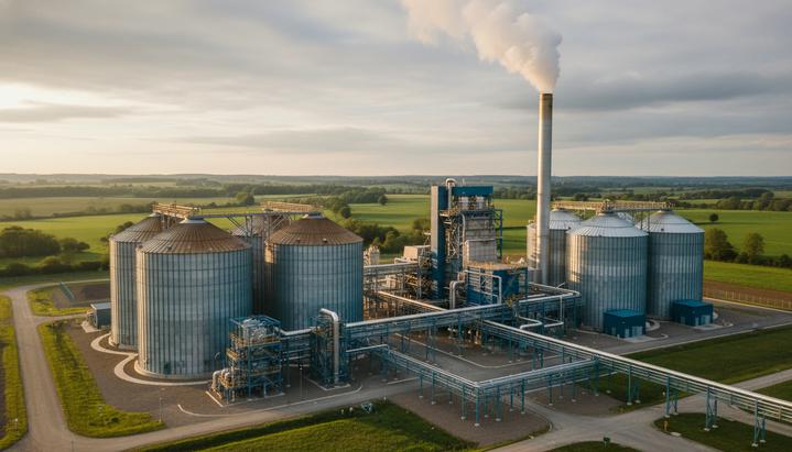 Современная биоэнергетическая станция с комплексом улавливания углерода в промышленной зоне. Видны большие силосы для биомассы и сеть трубопроводов.