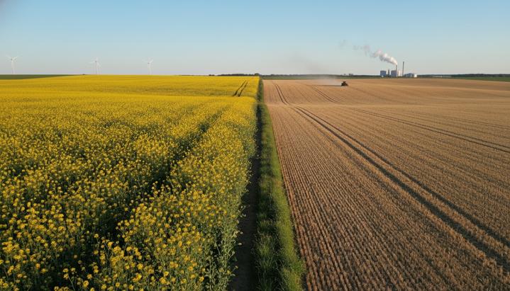 Бескрайнее поле цветущего желтого рапса под голубым небом, предназначенного для производства биотоплива.