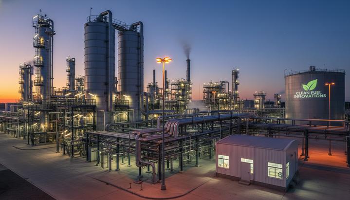 Современный завод по производству биотоплива, каталитические реакторы и переплетение трубопроводов на фоне вечернего неба.