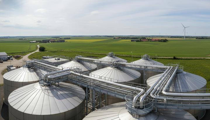 Современная биогазовая станция с большими цилиндрическими резервуарами и трубопроводами на фоне зеленых полей датской деревни.
