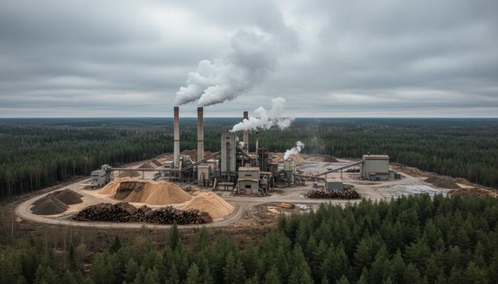 Крупный завод по производству древесных пеллет с дымящими трубами на фоне сельского лесного пейзажа.