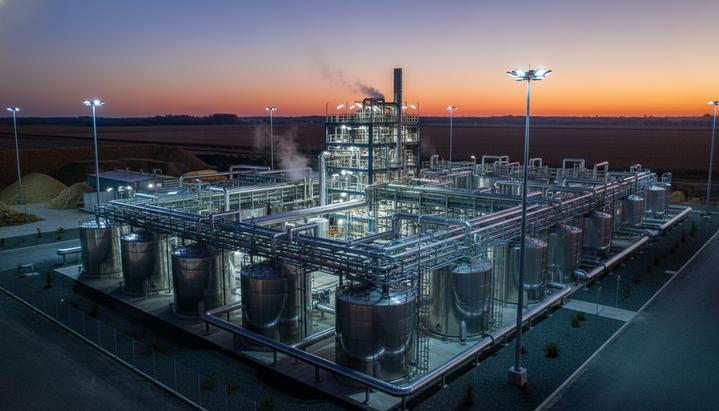 Великобритания расширила список сырья для производства биотоплива Современный биоперерабатывающий завод с цистернами и трубопроводами на фоне поля с сельскохозяйственными отходами в сумерках.