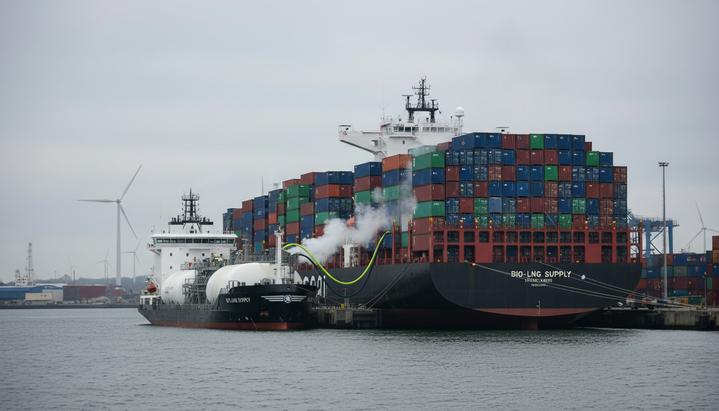 Современное судно-бункеровщик био-СПГ заправляет большой грузовой корабль в порту. Два судна соединены криогенными шлангами.