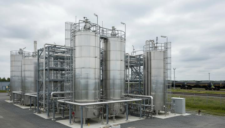 Современный завод по производству биодизеля с большими стальными резервуарами, трубопроводами и промышленными конструкциями.