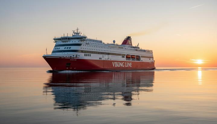 Viking Line сократила выбросы на 60 000 тонн благодаря биогазу Современный пассажирский паром Viking Line на спокойной воде Балтийского моря на рассвете.