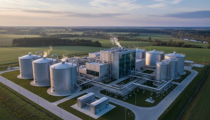 Линкольншир превратит пищевые отходы в возобновляемую энергию и удобрения Современный завод по анаэробному сбраживанию с большими биореакторами и трубопроводами для переработки пищевых отходов в биогаз.