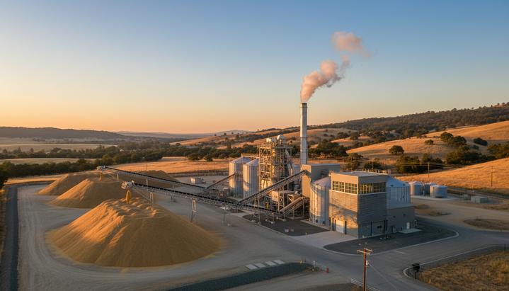 Промышленный комплекс биоэлектростанции на фоне ясного неба. Рядом с корпусами и силосами лежат большие горы рисовой шелухи.