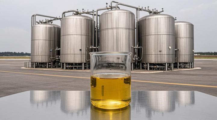 Промышленная установка по производству биотоплива со стальными резервуарами и трубами. На столе стоит стакан с готовым авиационным топливом.