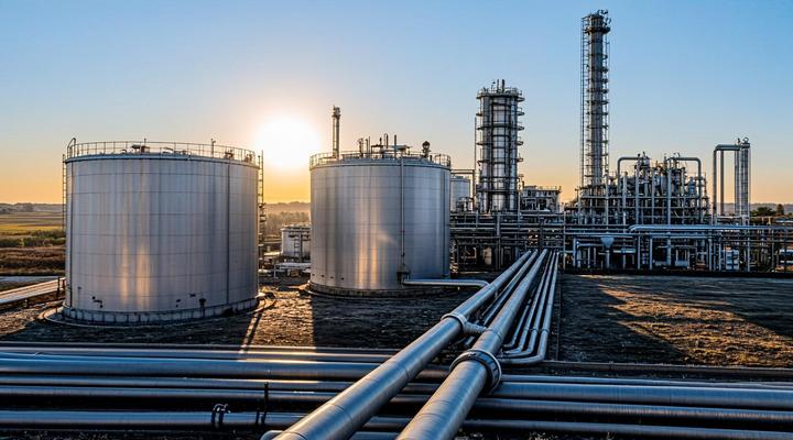 Финансовый альянс поддержит биоэнергетику в сельских районах США Современный завод по производству биотоплива со стальными силосами и трубопроводами посреди кукурузного поля в сельской местности на закате.