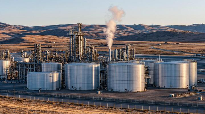 Современный завод по производству биотоплива со стальными резервуарами и трубопроводами на фоне холмистого пейзажа штата Вашингтон на рассвете.