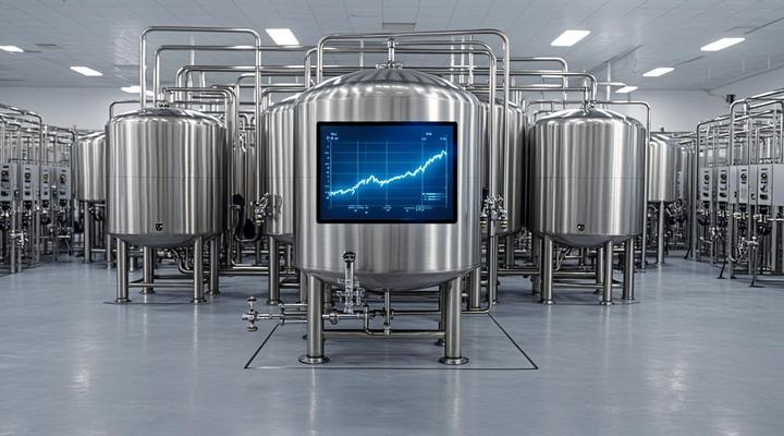 Claritix: ИИ-платформа для прогнозирования и оптимизации выработки биогаза Современная биогазовая установка с большими стальными анаэробными реакторами, трубопроводами и цифровым дисплеем с графиками данных.