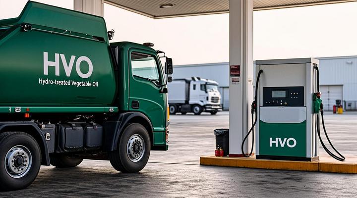 Современный мусоровоз на заправочной станции для биотоплива HVO в муниципальном автопарке на рассвете.