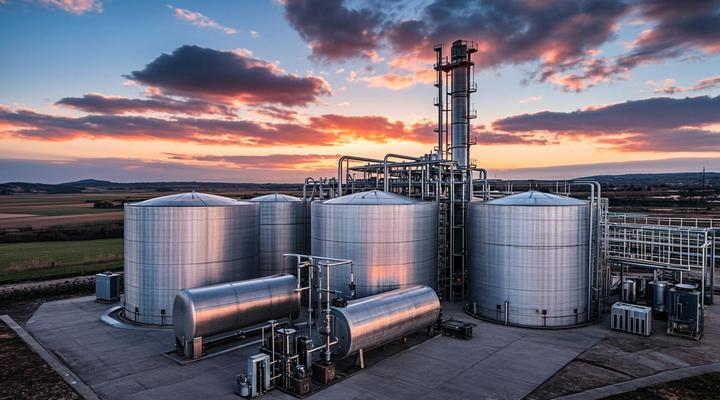 Asterion выделяет €1,5 млрд на создание панъевропейской биометановой сети Современный биометановый завод с большими стальными резервуарами и трубопроводами на фоне поля в сумерках.
