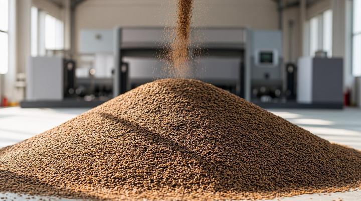 Огромная гора темных семян рапса ссыпается внутри современного чистого элеватора, на заднем плане видно промышленное оборудование.