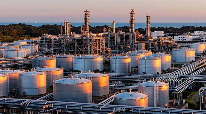 Современный биоперерабатывающий завод с резервуарами и трубопроводами на рассвете, расположенный в прибрежной зеленой зоне.