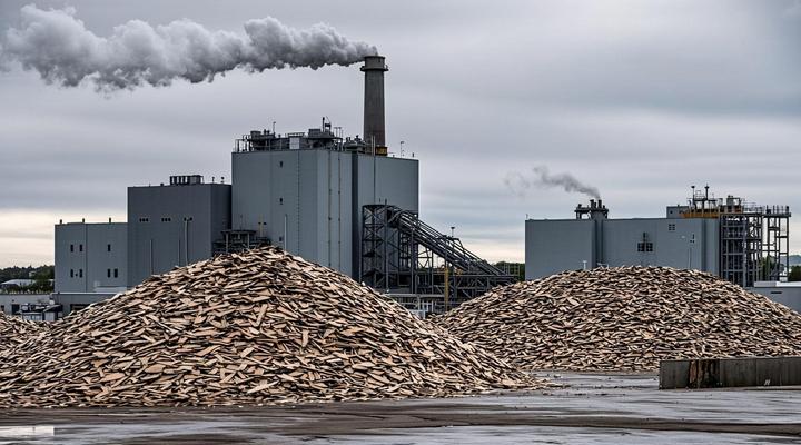 Промышленный комплекс по переработке древесины с трубами, из которых идет дым, на фоне кучи древесной щепы и опилок.