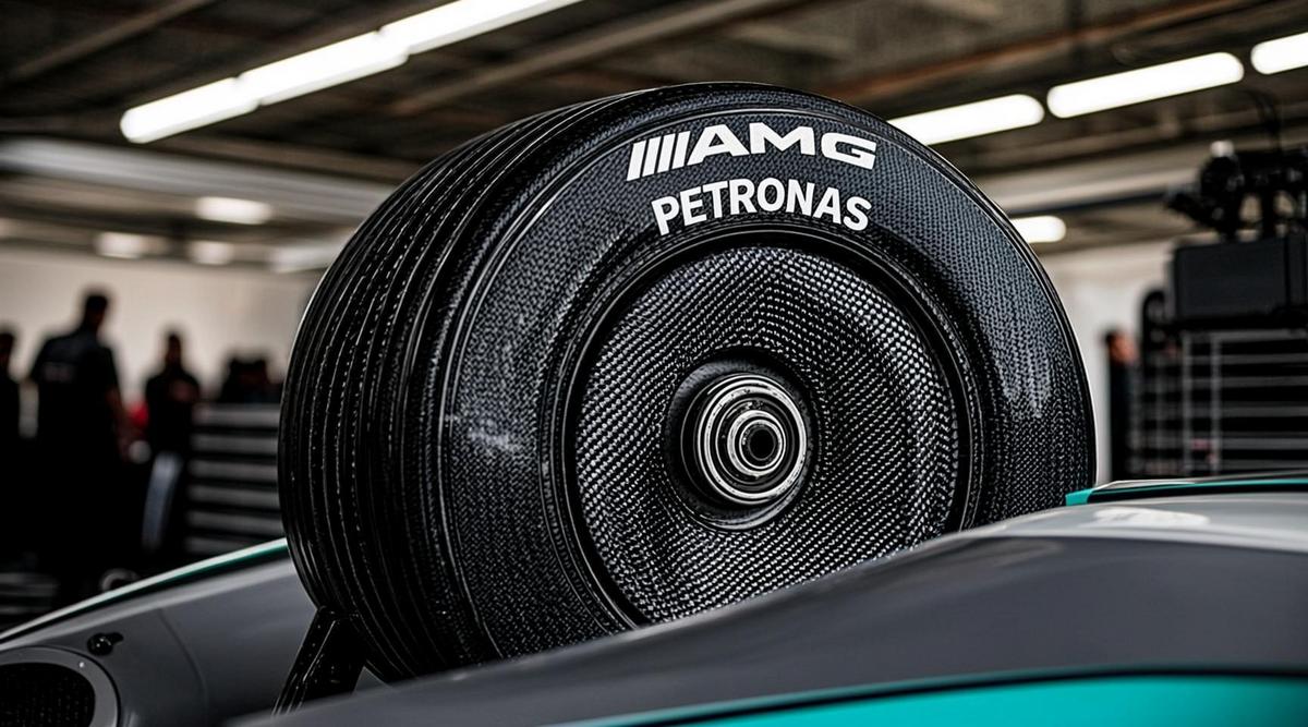 Крупный план колеса гоночного болида Формулы-1 с деталью из биокомпозитного углеродного волокна на тормозном воздуховоде.