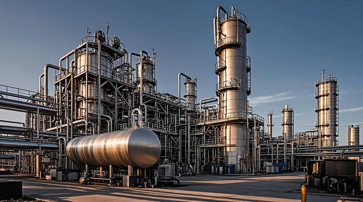 Современный биоперерабатывающий завод с дистилляционными колоннами, резервуарами и стальными трубопроводами на фоне неба.