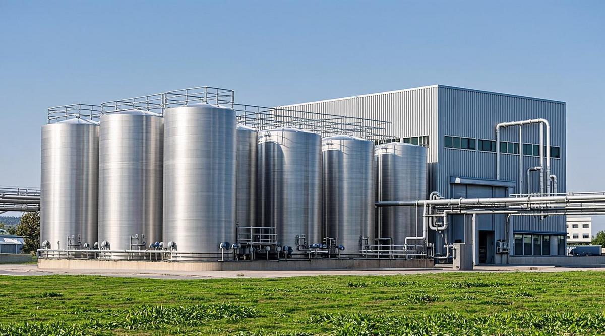 Современная биогазовая установка с большими серебристыми резервуарами-метантенками и промышленными постройками на фоне зеленых полей.