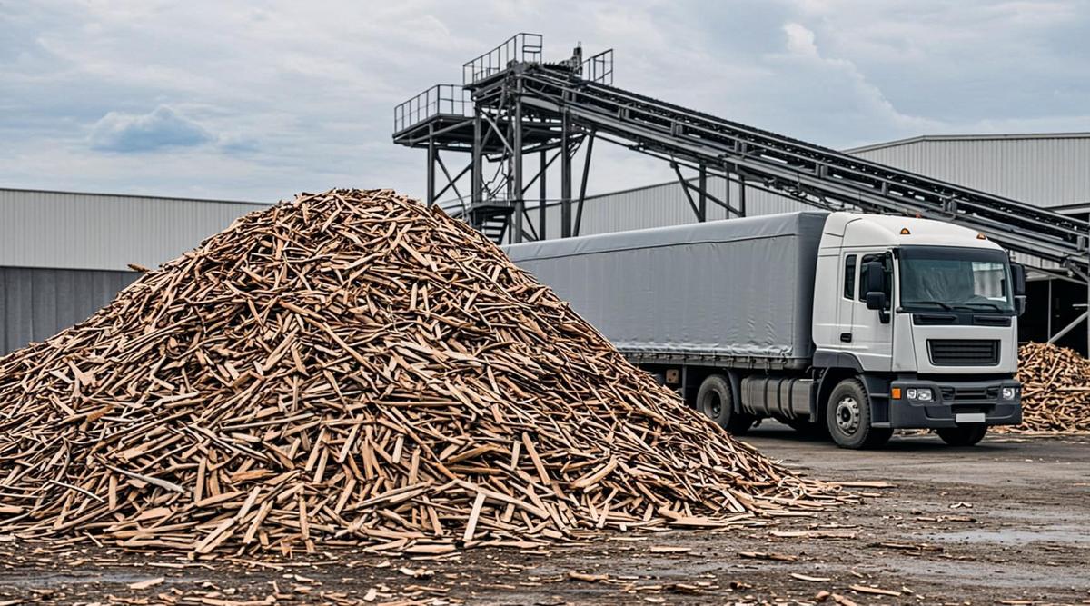 Крупный промышленный комплекс по переработке биомассы с горой древесной щепы и современным грузовиком у конвейера.