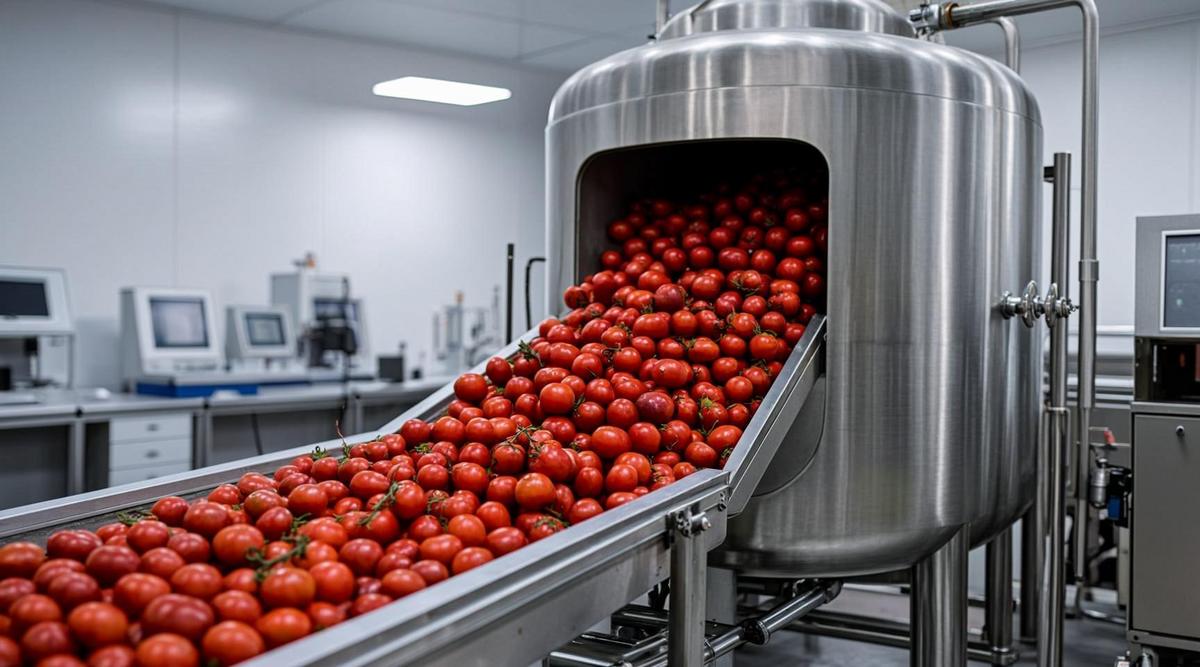Отходы переработки томатов – стебли, листья и плоды – на конвейерной ленте рядом с блестящим стальным биореактором.