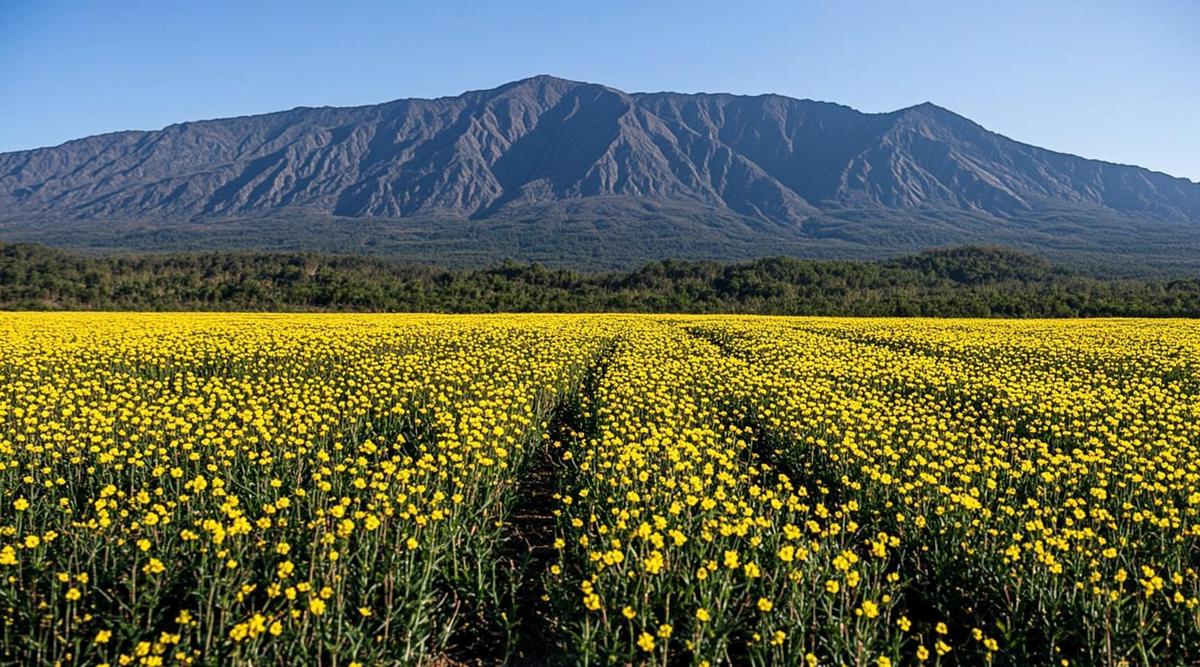 Поле цветущей масличной культуры камелины на фоне зеленых вулканических гор на Гавайях под ясным небом.