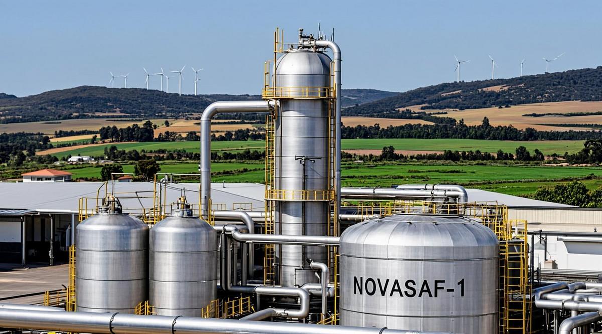 Современный завод по производству биотоплива с резервуарами и трубопроводами на фоне зеленых холмов Уругвая.