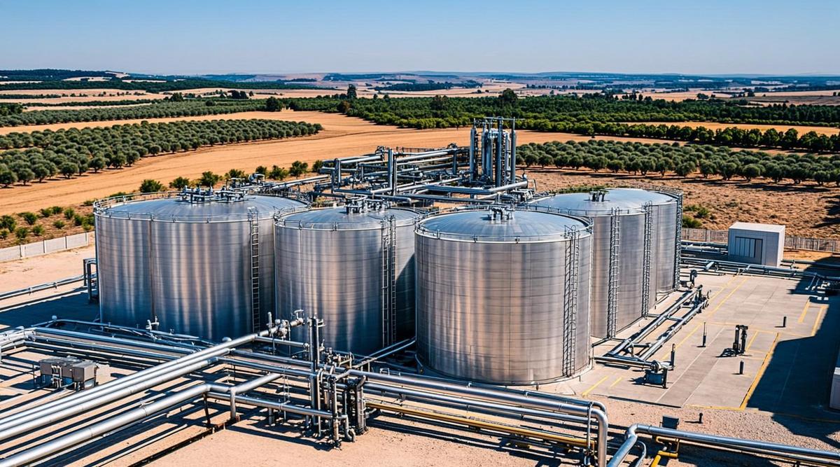 Современный завод по производству биогаза с резервуарами для сбраживания на фоне пейзажа с оливковыми рощами в Испании.