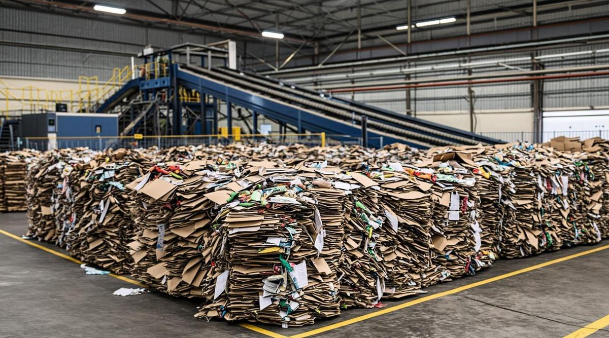 Большие тюки прессованного макулатурного картона на складе современной биоэнергетической станции.