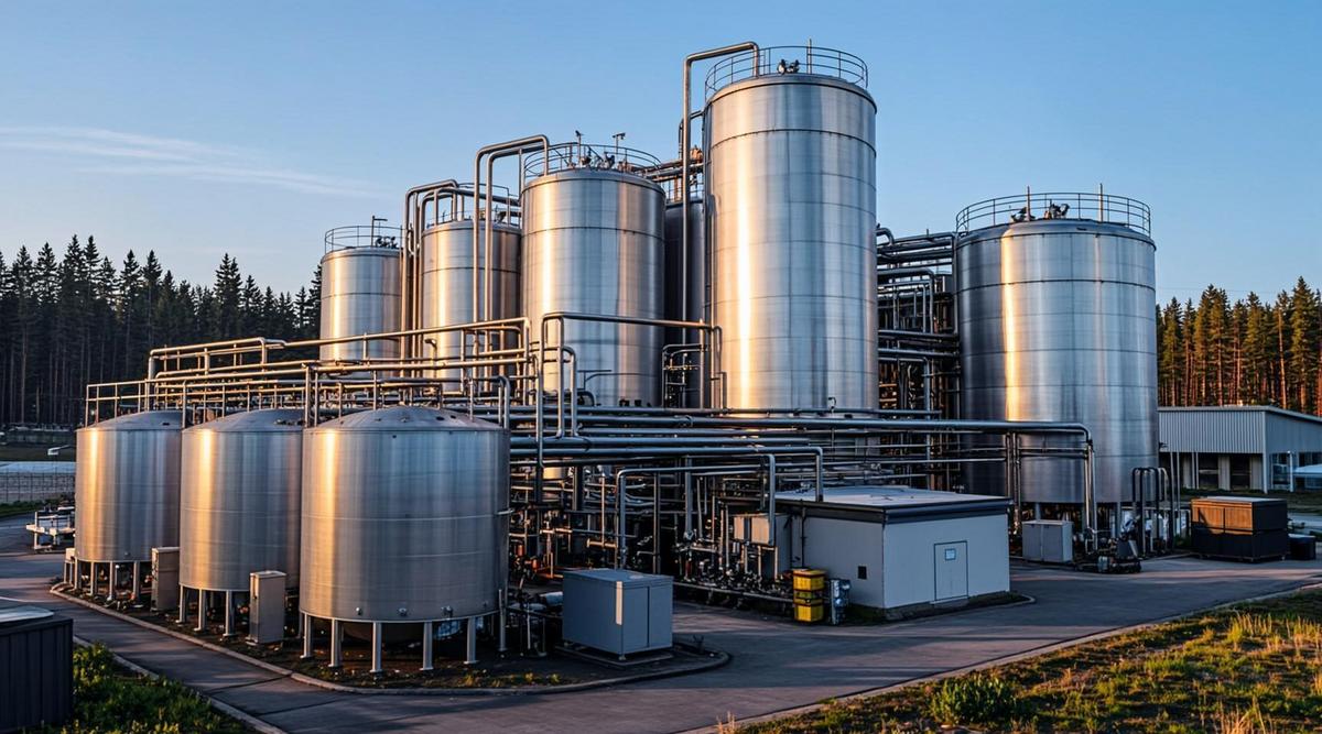 Современный комплекс биогазового завода с резервуарами, башнями очистки и сложной системой трубопроводов на фоне природы.