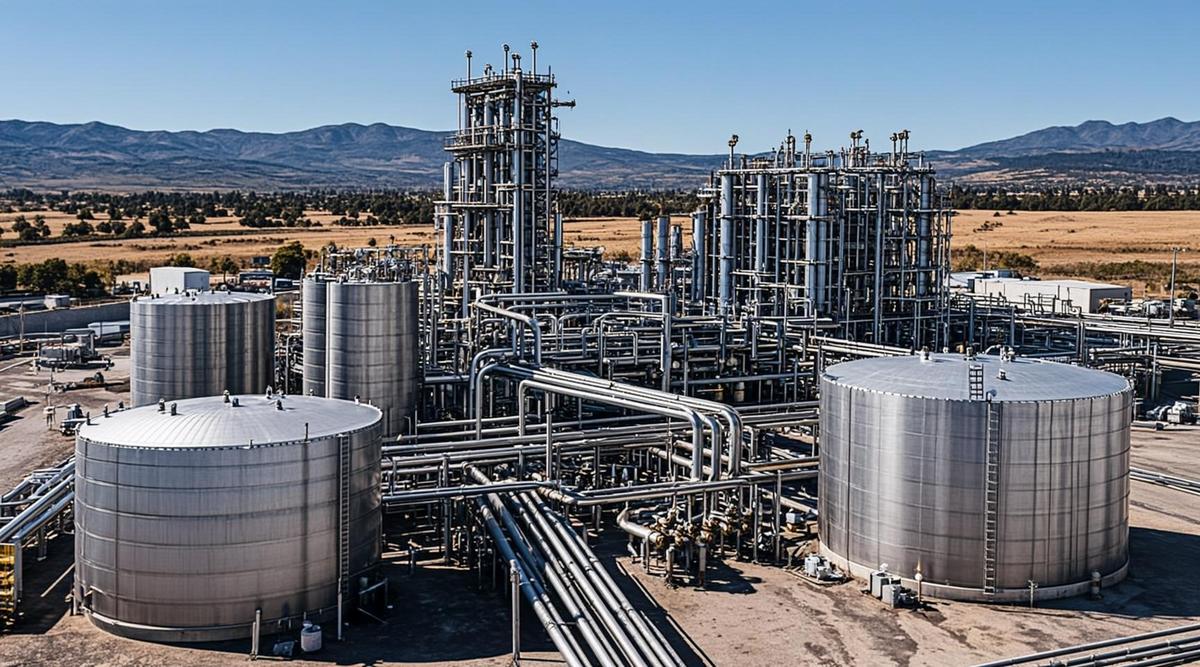 Современный биоперерабатывающий завод по производству устойчивого авиационного топлива. Стальные резервуары и трубопроводы на фоне солнечного пейзажа.