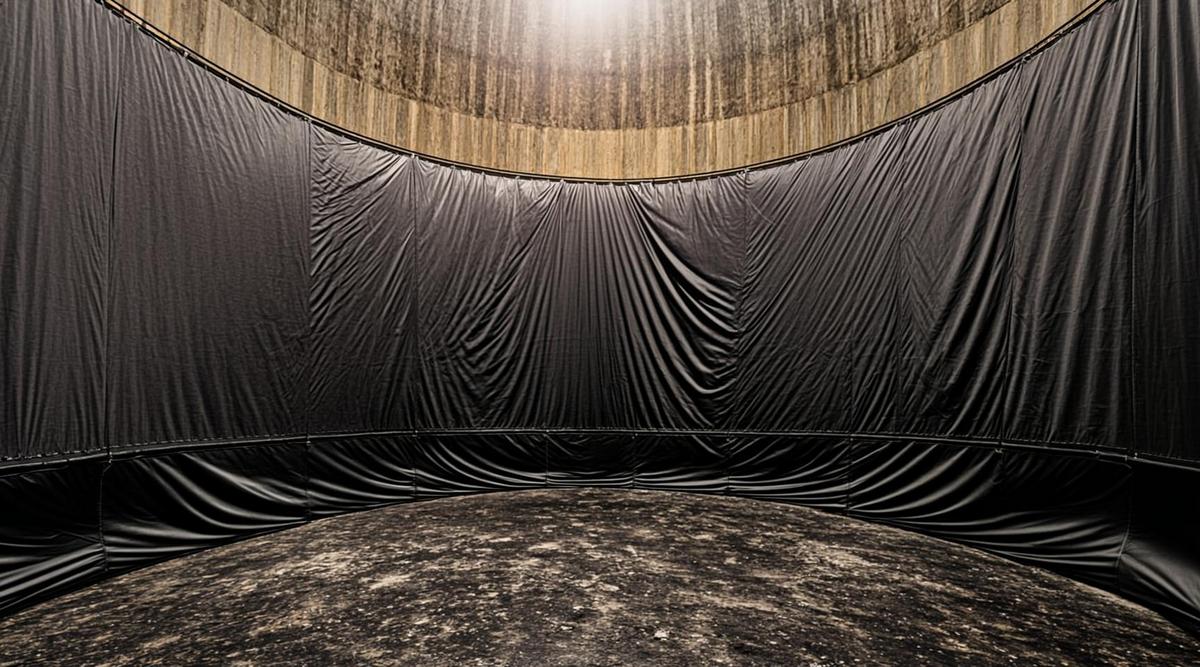 Внутренняя часть бетонного резервуара биогазовой установки с новой защитной мембраной темного цвета на стенах.