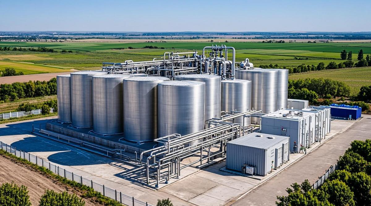 Современный биогазовый завод с анаэробными реакторами, трубопроводами и установкой очистки газа на фоне полей в Италии.
