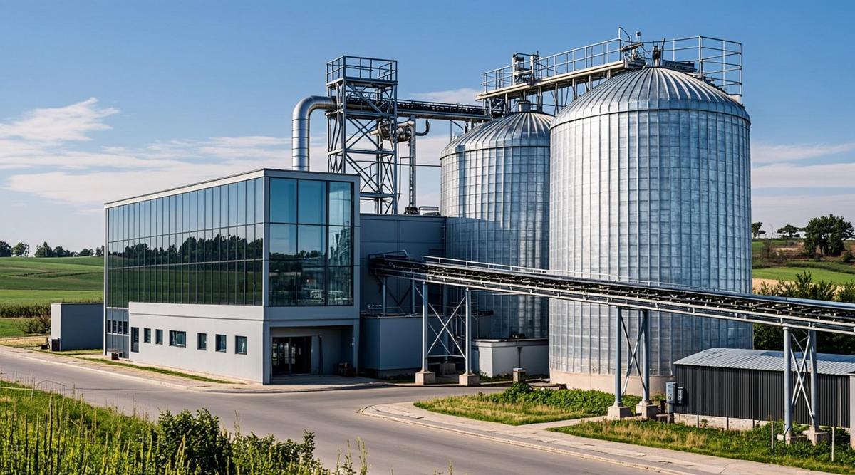 Современная биоэнергетическая станция с большими стальными силосами для хранения древесных пеллет на фоне сельского пейзажа.