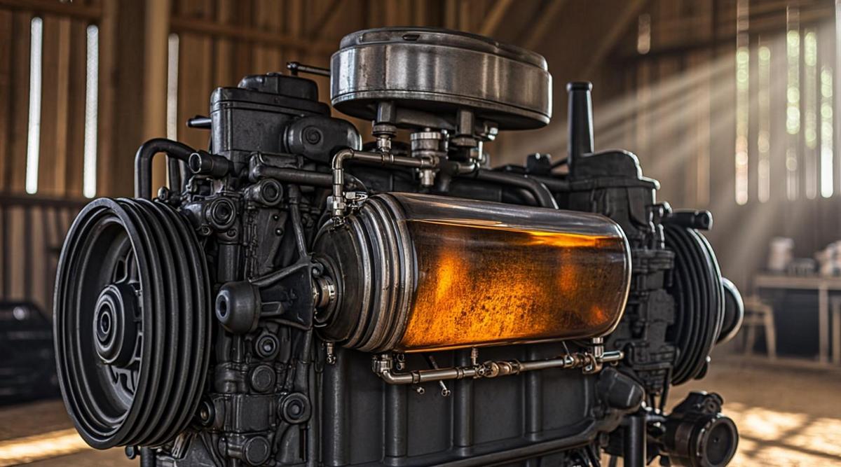 Модифицированный дизельный двигатель сельхозтехники с системой для работы на растительном масле ньямплунг в деревенском сарае.