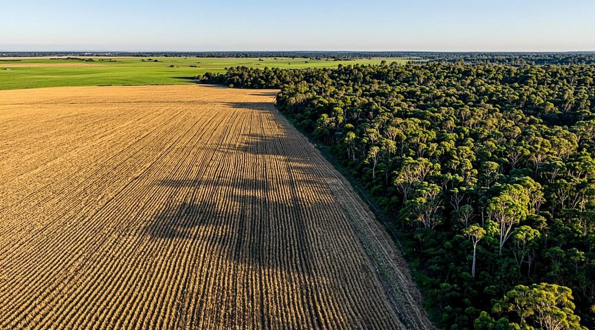 Огромное поле спелой сои на границе с густым тропическим лесом в Бразилии. Четкая линия разделяет сельскохозяйственные угодья и джунгли.
