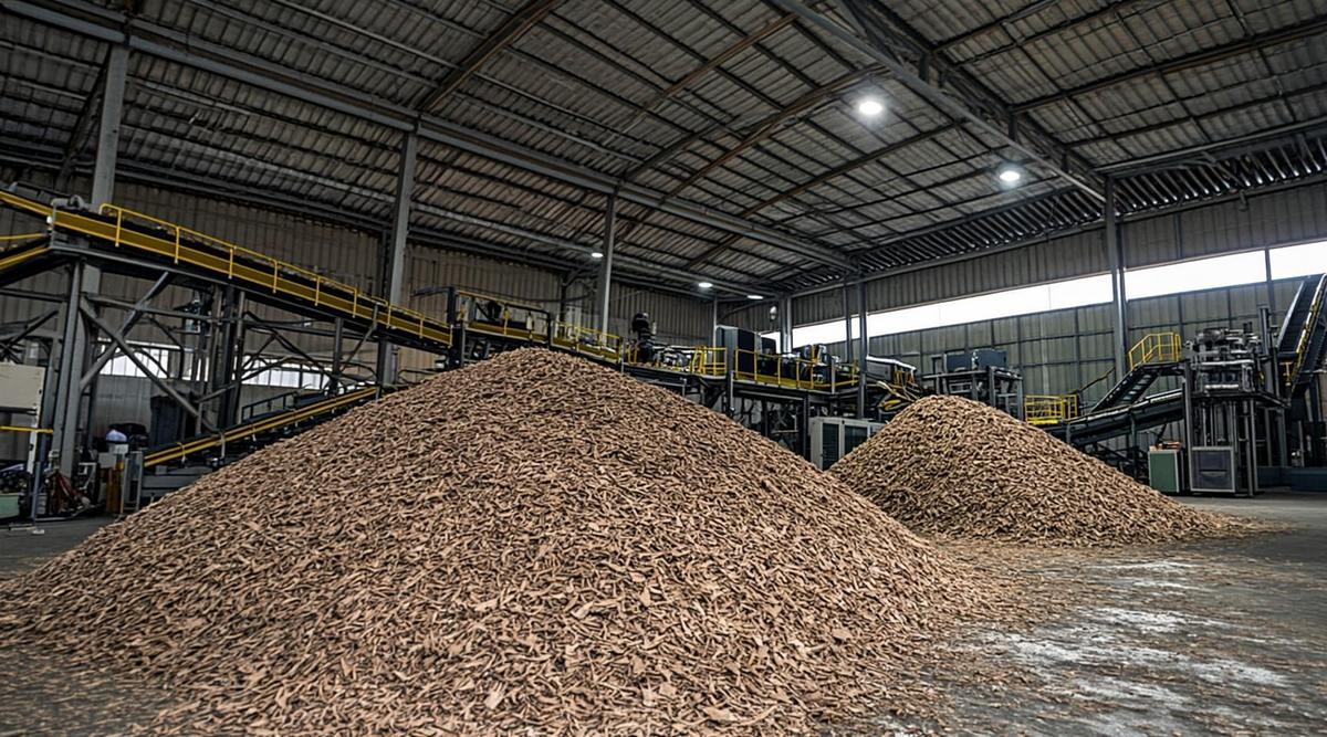 Промышленный цех по производству биотоплива с большими кучами древесной щепы и пеллет на конвейерной ленте.
