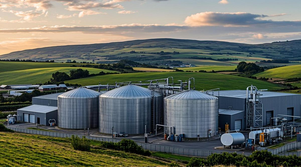 В Ирландии планируют строительство крупного завода по производству биометана Современный биогазовый завод с большими резервуарами-реакторами в зеленой сельской местности Ирландии на фоне холмов.