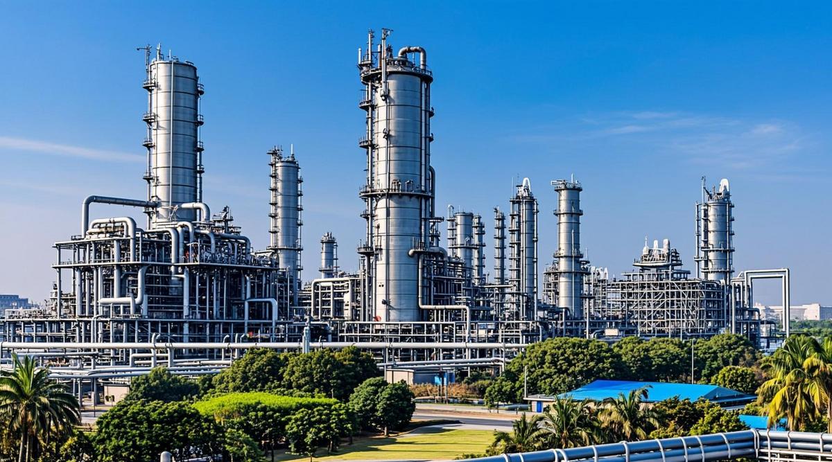 EcoCeres запустила в Малайзии первый в стране завод по производству SAF Современный завод по производству биотоплива с серебристыми дистилляционными колоннами и переплетением стальных труб на фоне тропической зелени.