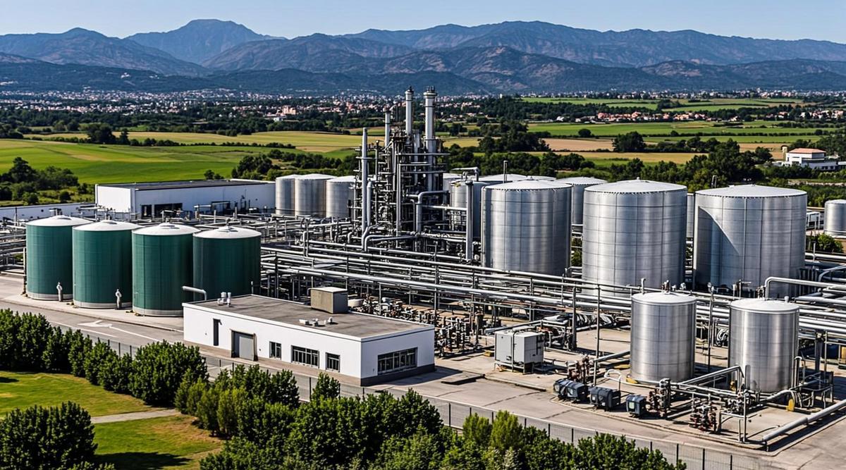 Современная биометановая установка с большими резервуарами-дигестерами и трубопроводами в сельской местности Италии.