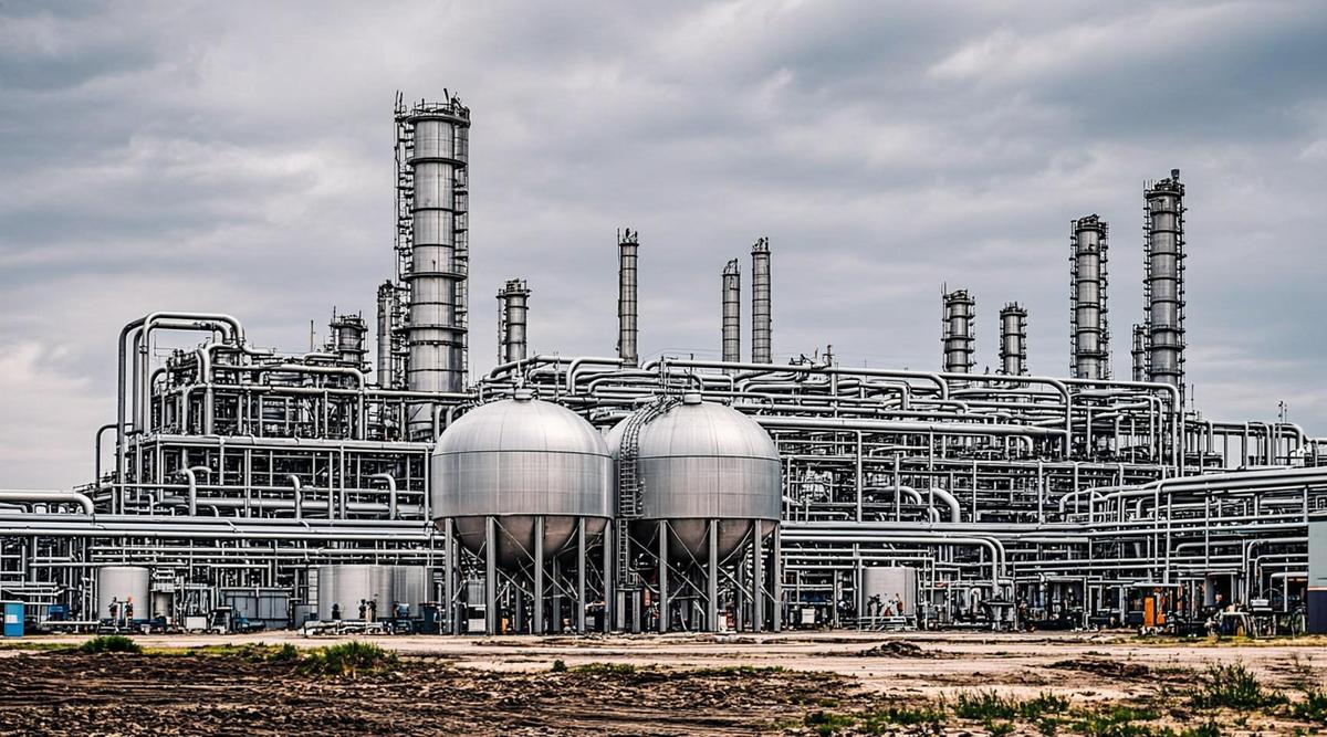 Современный завод по производству биотоплива с большими стальными резервуарами, трубами и дистилляционными колоннами.