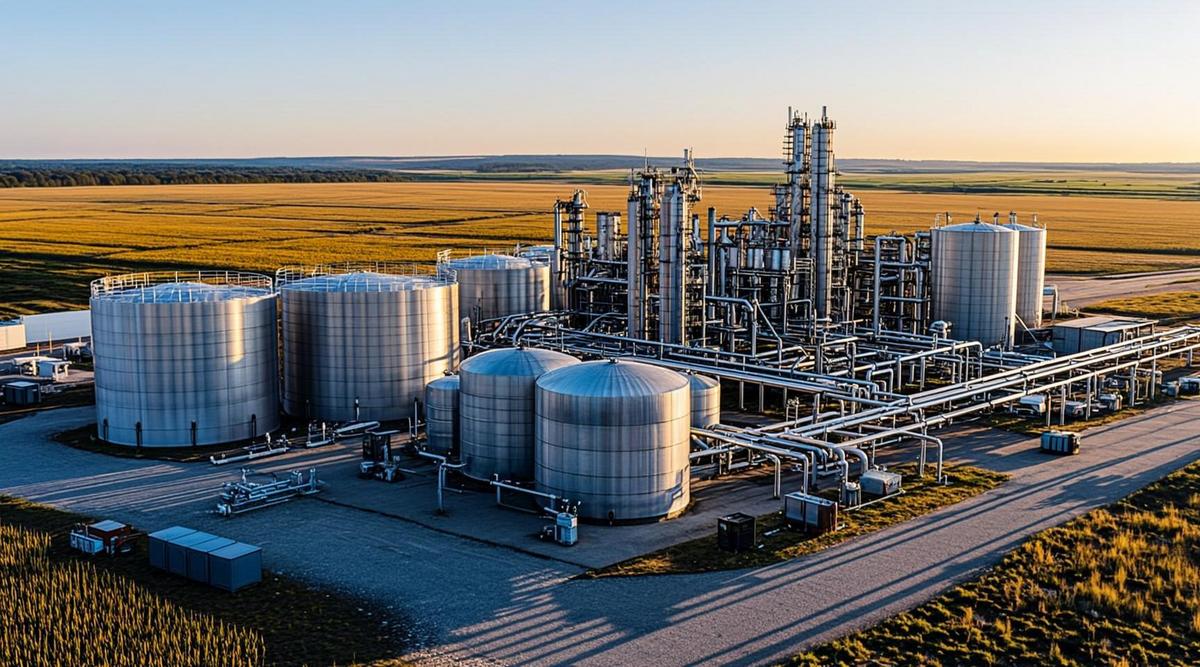 Промышленный комплекс по производству биодизеля с большими резервуарами и трубопроводами на фоне сельскохозяйственных полей.