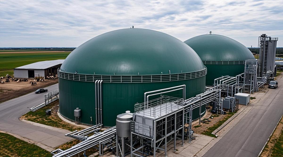 EnviTec Biogas построит в Литве завод по производству биометана из навоза Современная биогазовая установка с крупными купольными реакторами и трубопроводами на территории молочной фермы с силосами.