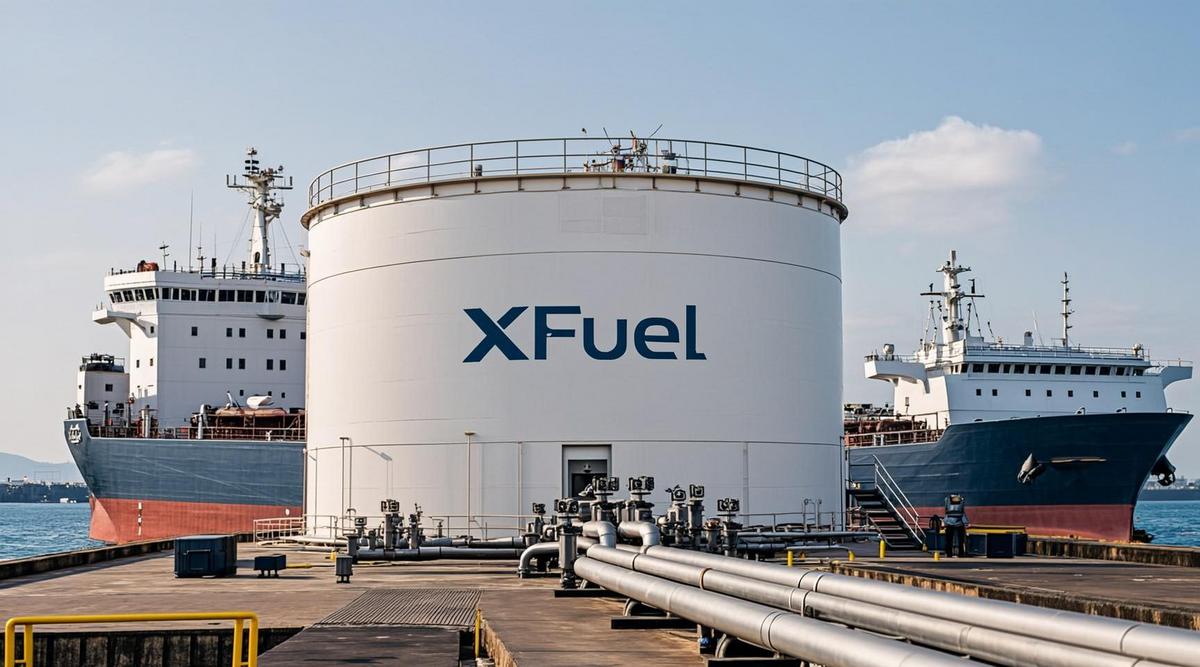 Современный резервуар для биотоплива XFuel в морском порту, на фоне которого стоит грузовое судно и портовые краны.