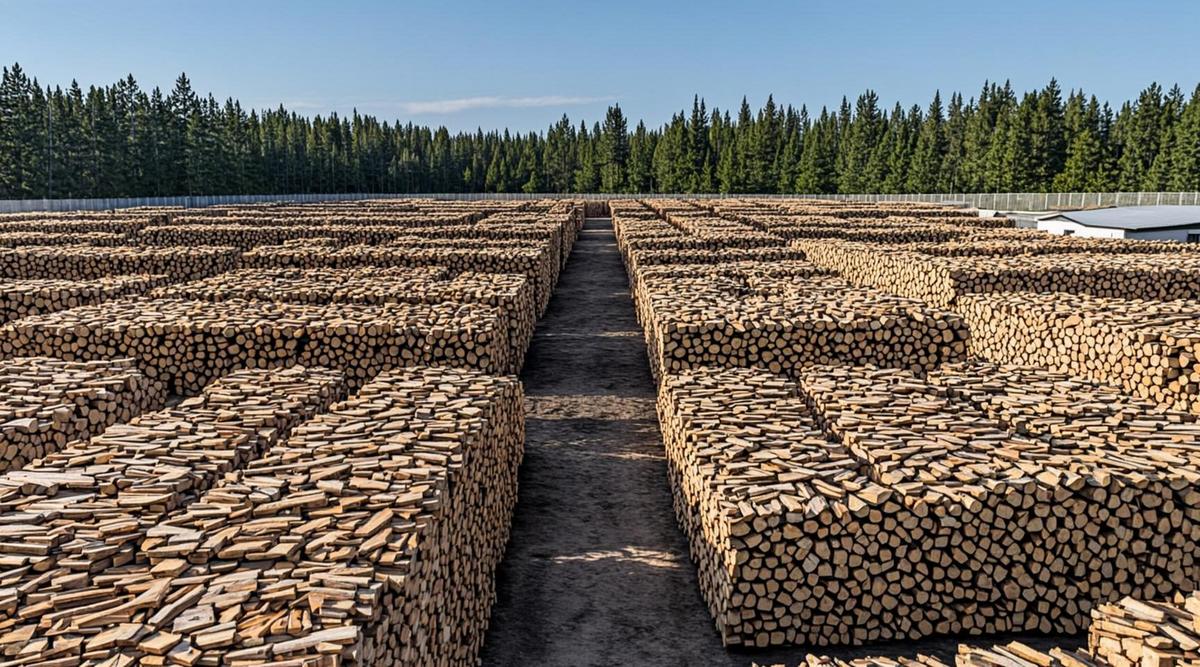 Большая гора древесной щепы на территории современного биоэнергетического завода на фоне канадского хвойного леса.
